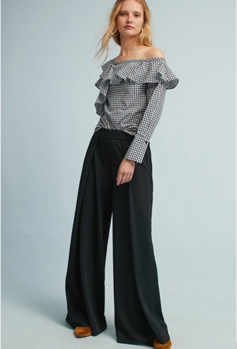 Anthropologie Sunday in Brooklyn Gingham One Shoulder‎ Ruffle Blouse S